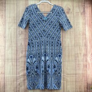 J McLaughlin Catalina Cloth Blue Paisley Print V Neck Short Sleeve‎ Midi Dress S